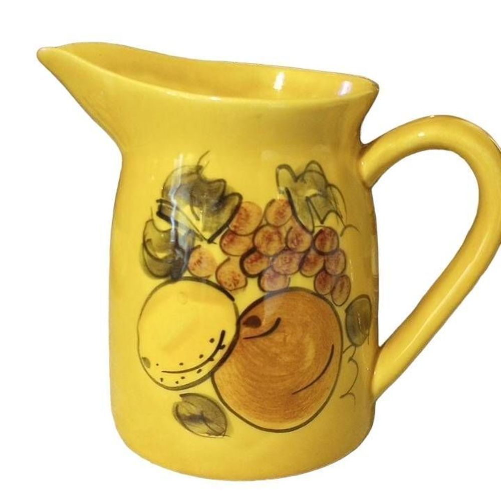 Vintage 1960's Los Angeles Pottery mustard yellow pitcher with fruit